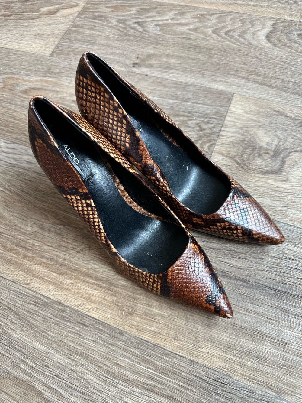Aldo Snakeskin Print Pointed Toe Stiletto Heels Women’s Size 7.5 Brown Pumps - Picture 10 of 12